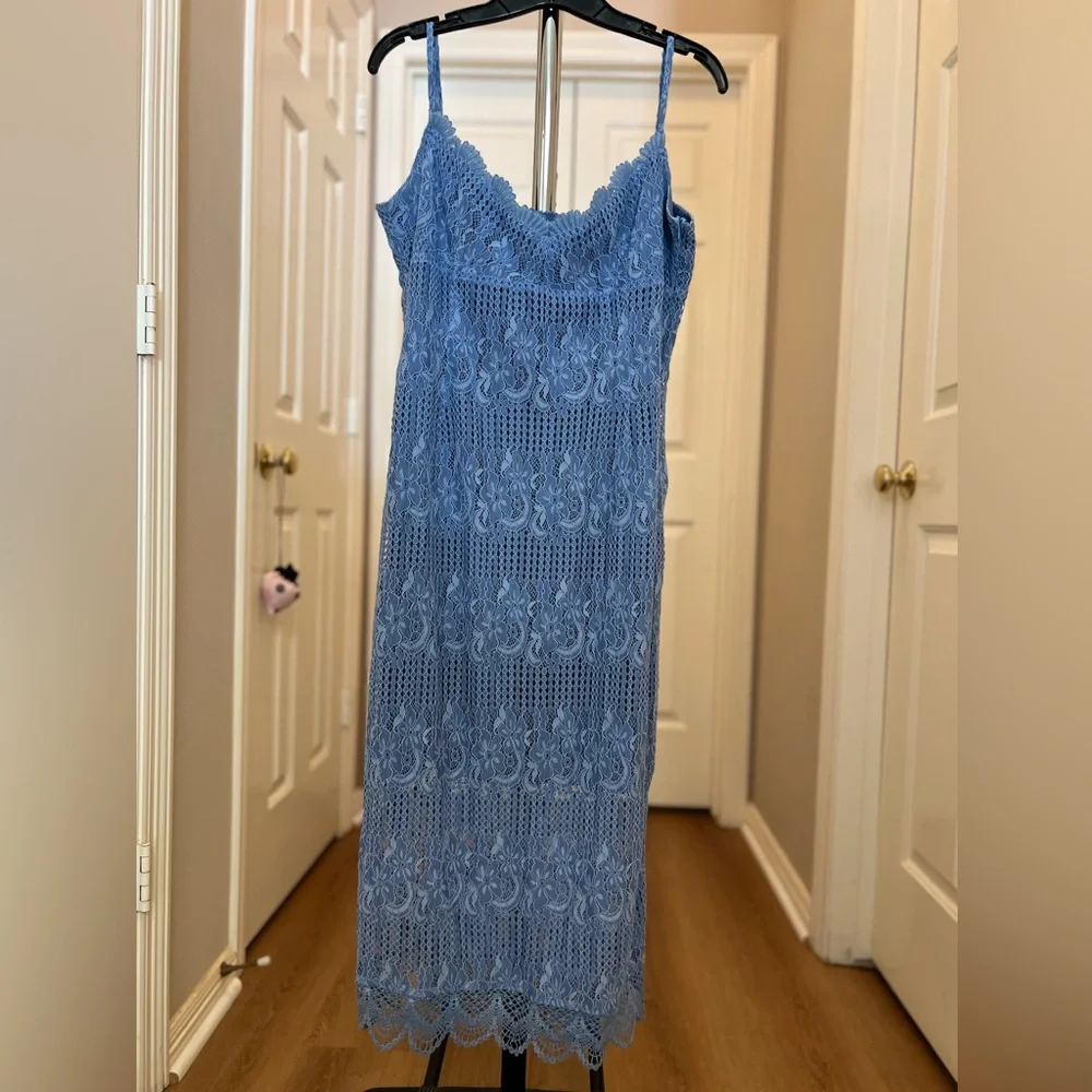 NSR Light Blue Crochet Maxi Dress with Scalloped Hem - Picture 2 of 9